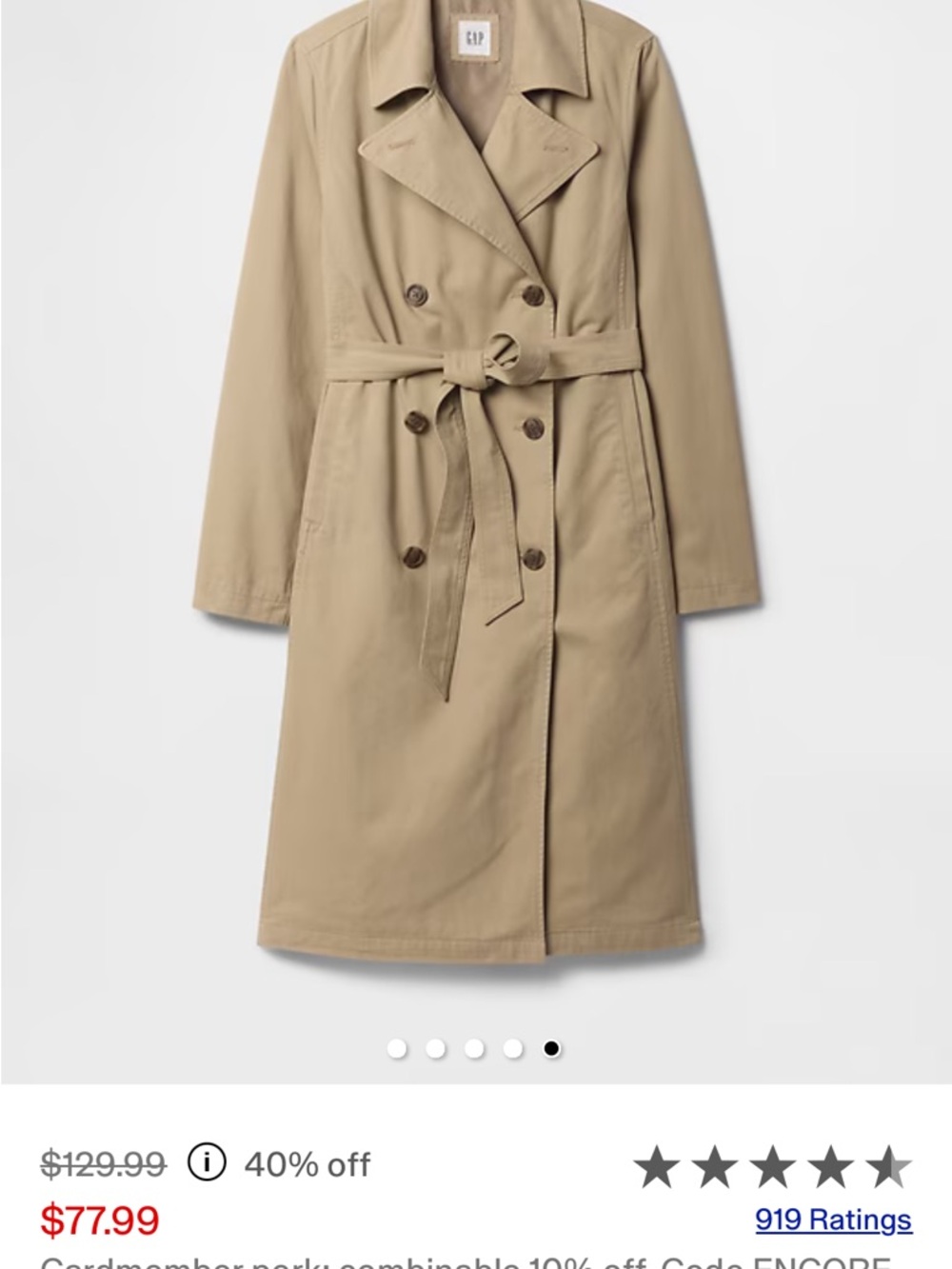 GAP Khaki Double-Breasted Trench Coat with Belt